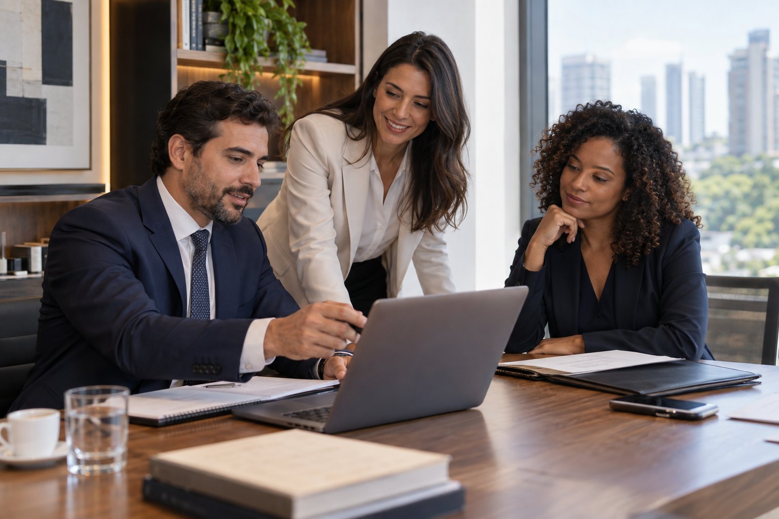 Profissionais conversando em uma mesa de reunião no escritório